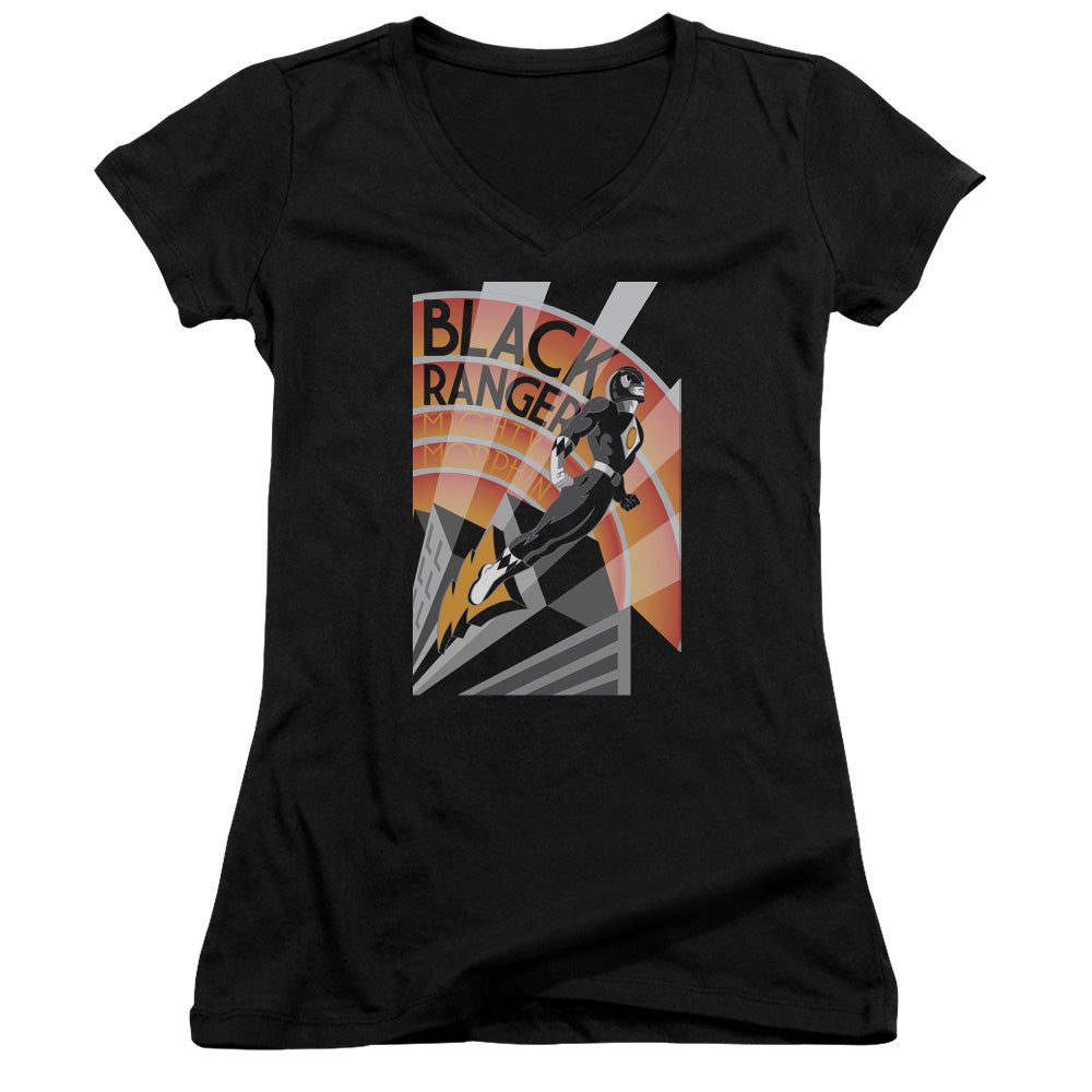 Power Rangers Black Ranger Deco Junior Sheer Cap Sleeve V-Neck Womens T Shirt Black