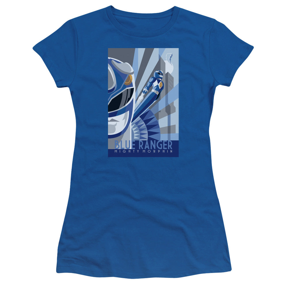 Power Rangers Blue Ranger Deco Junior Sheer Cap Sleeve Womens T Shirt Royal Blue