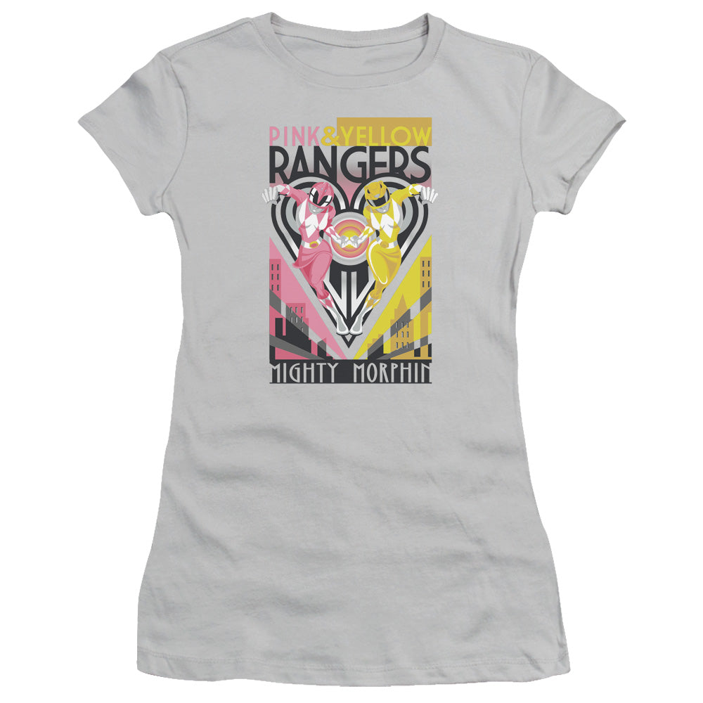 Power Rangers Pink & Yellow Deco Junior Sheer Cap Sleeve Womens T Shirt Silver