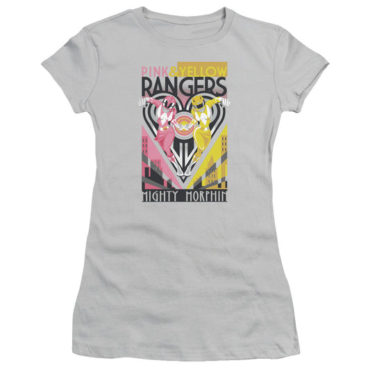 Power Rangers Pink & Yellow Deco Junior Sheer Cap Sleeve Womens T Shirt Silver