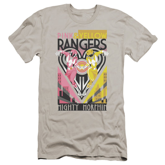 Power Rangers Pink & Yellow Deco Premium Bella Canvas Slim Fit Mens T Shirt Silver