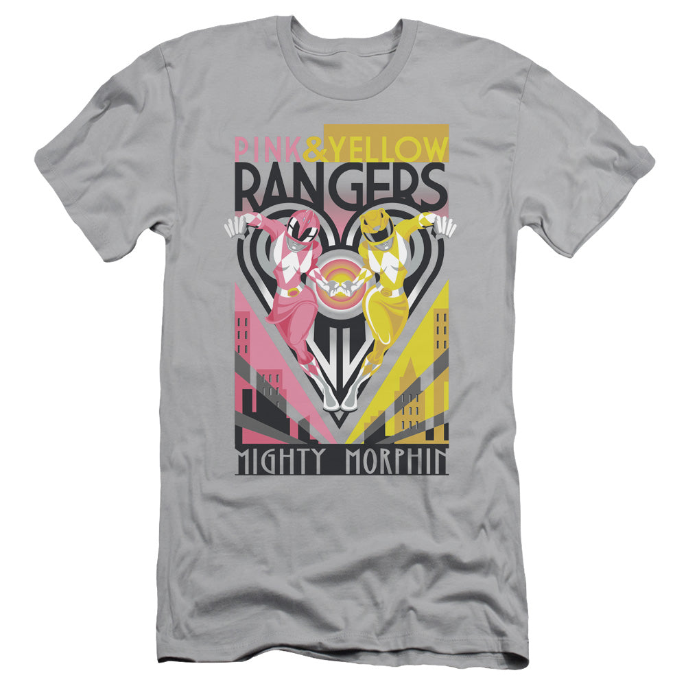 Power Rangers Pink & Yellow Deco Slim Fit Mens T Shirt Silver