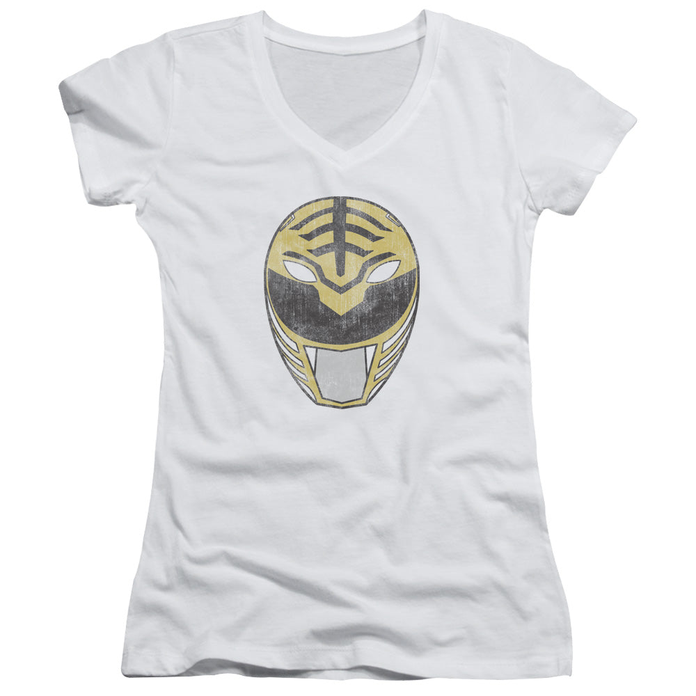 Power Rangers White Ranger Mask Junior Sheer Cap Sleeve V-Neck Womens T Shirt White