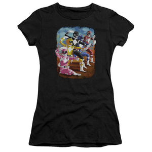 Power Rangers Impressionist Rangers Junior Sheer Cap Sleeve Womens T Shirt Black