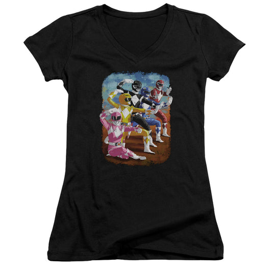 Power Rangers Impressionist Rangers Junior Sheer Cap Sleeve V-Neck Womens T Shirt Black