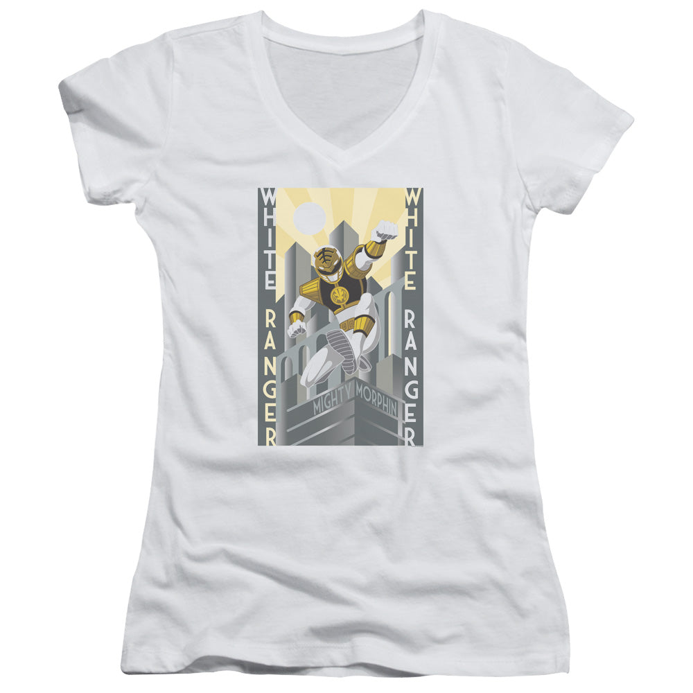 Power Rangers White Ranger Duo Junior Sheer Cap Sleeve V-Neck Womens T Shirt White