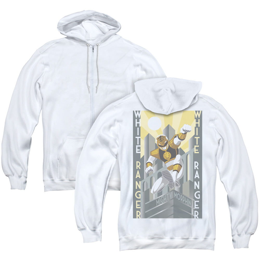 Power Rangers White Ranger Duo Back Print Zipper Mens Hoodie White