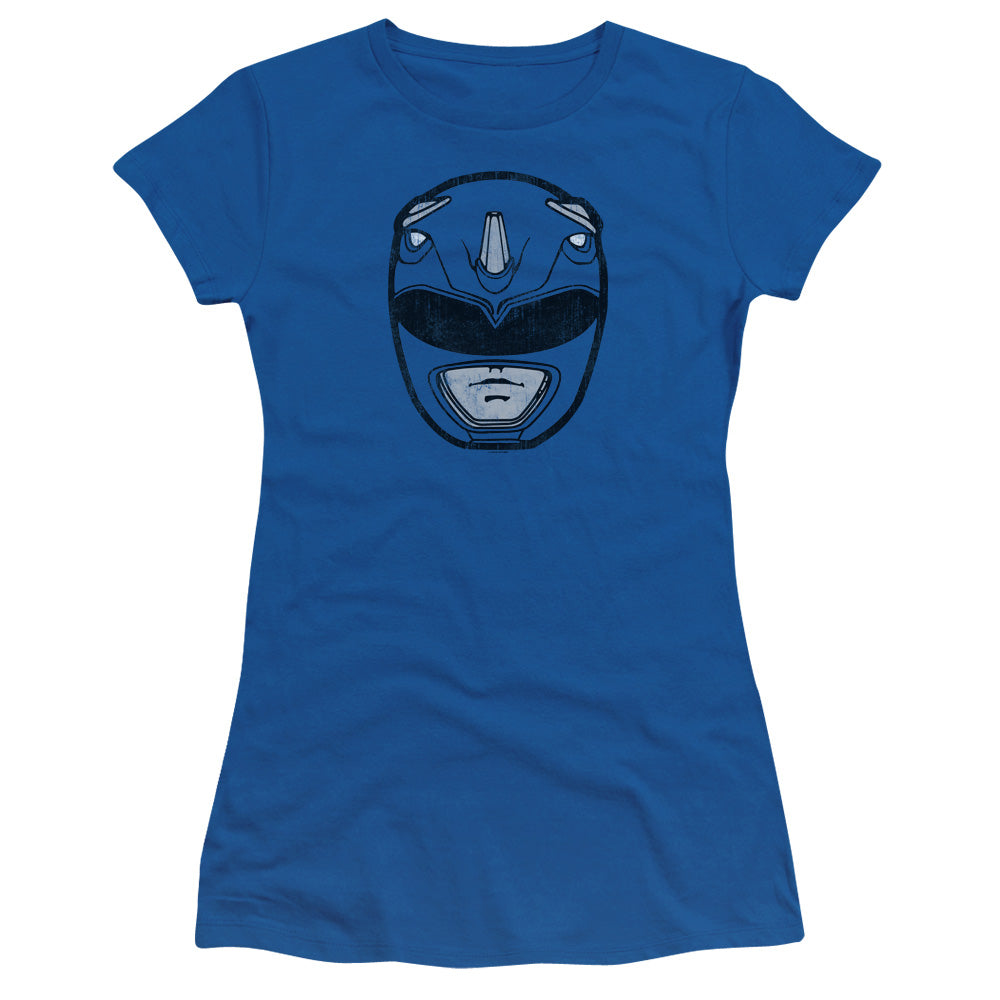 Power Rangers Blue Ranger Mask Junior Sheer Cap Sleeve Womens T Shirt Royal Blue