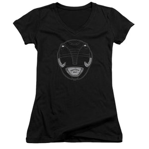 Power Rangers Black Ranger Mask Junior Sheer Cap Sleeve V-Neck Womens T Shirt Black