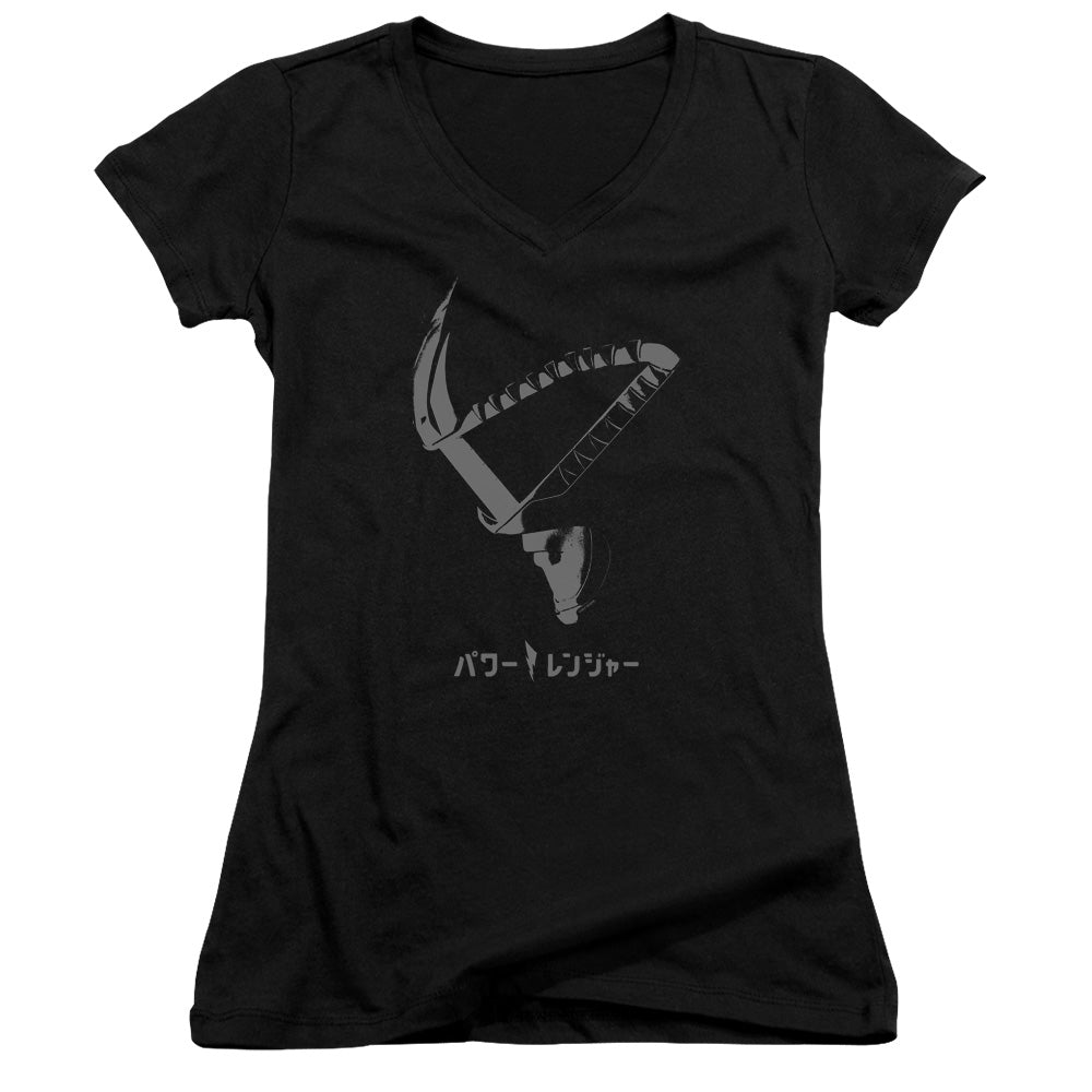 Power Rangers Helmet Junior Sheer Cap Sleeve V-Neck Womens T Shirt Black