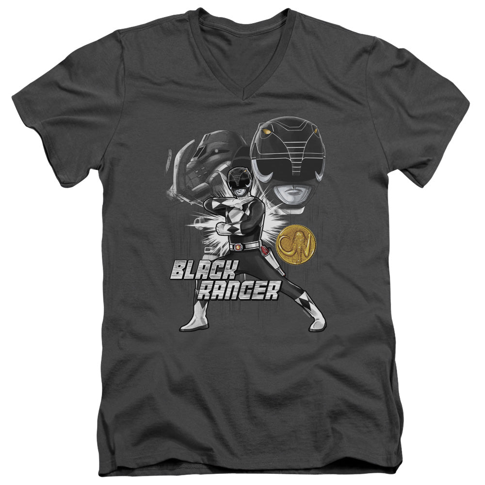 Power Rangers Black Ranger Mens Slim Fit V-Neck T Shirt Charcoal