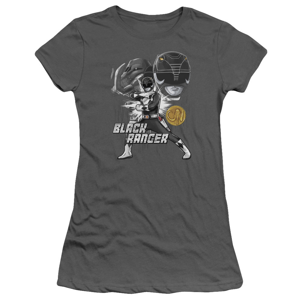 Power Rangers Black Ranger Junior Sheer Cap Sleeve Womens T Shirt Charcoal