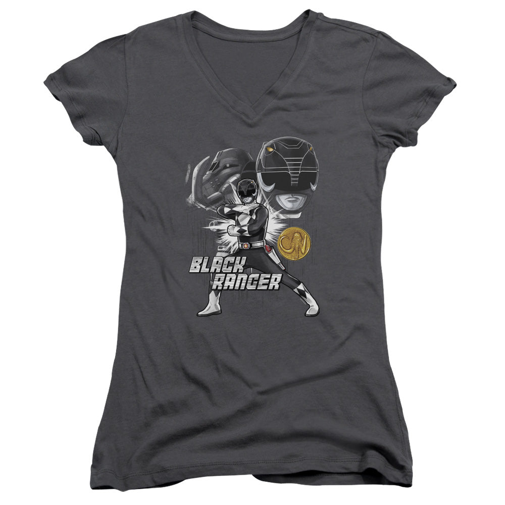 Power Rangers Black Ranger Junior Sheer Cap Sleeve V-Neck Womens T Shirt Charcoal