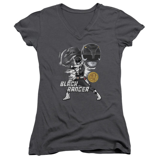 Power Rangers Black Ranger Junior Sheer Cap Sleeve V-Neck Womens T Shirt Charcoal