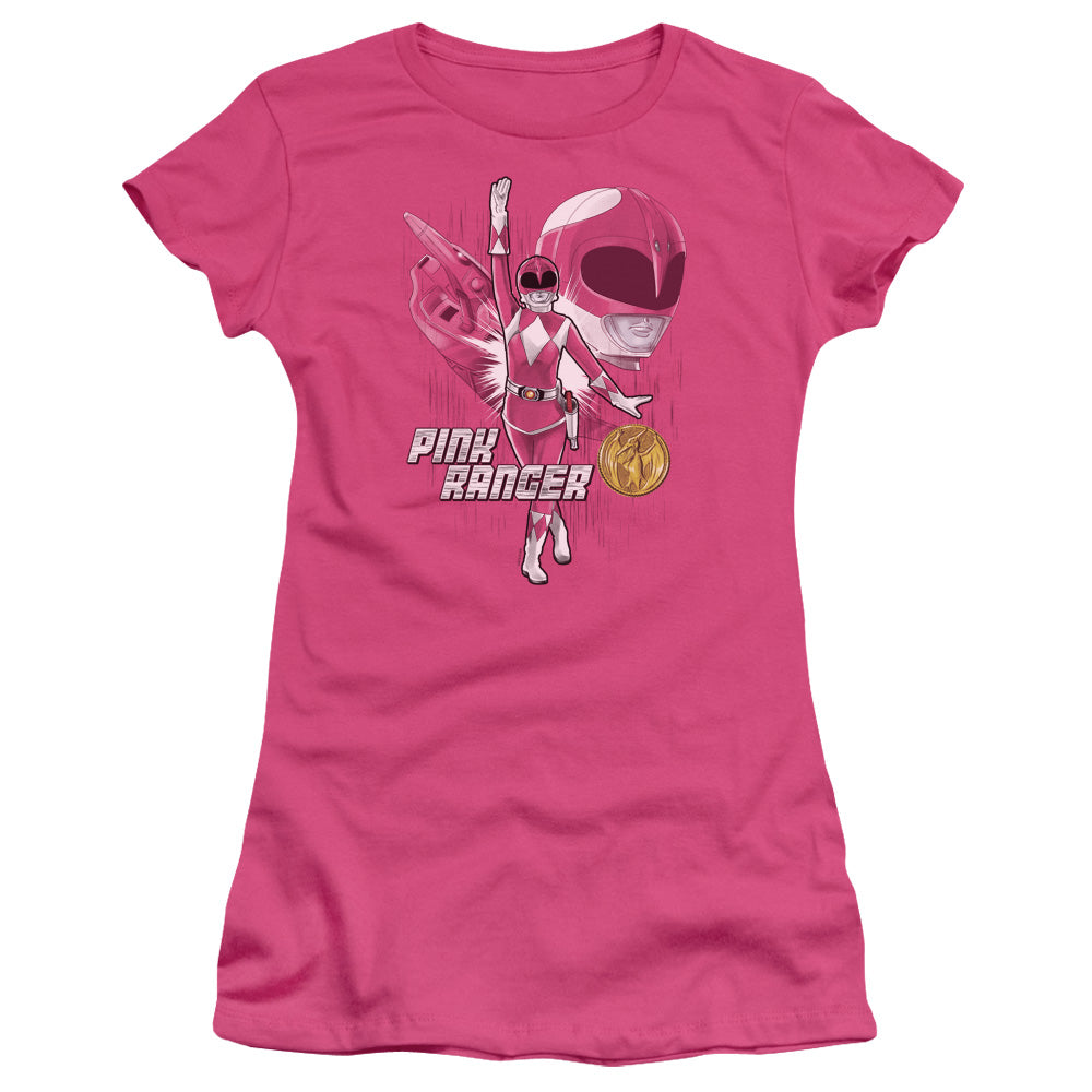 Power Rangers Pink Ranger Junior Sheer Cap Sleeve Womens T Shirt Hot Pink