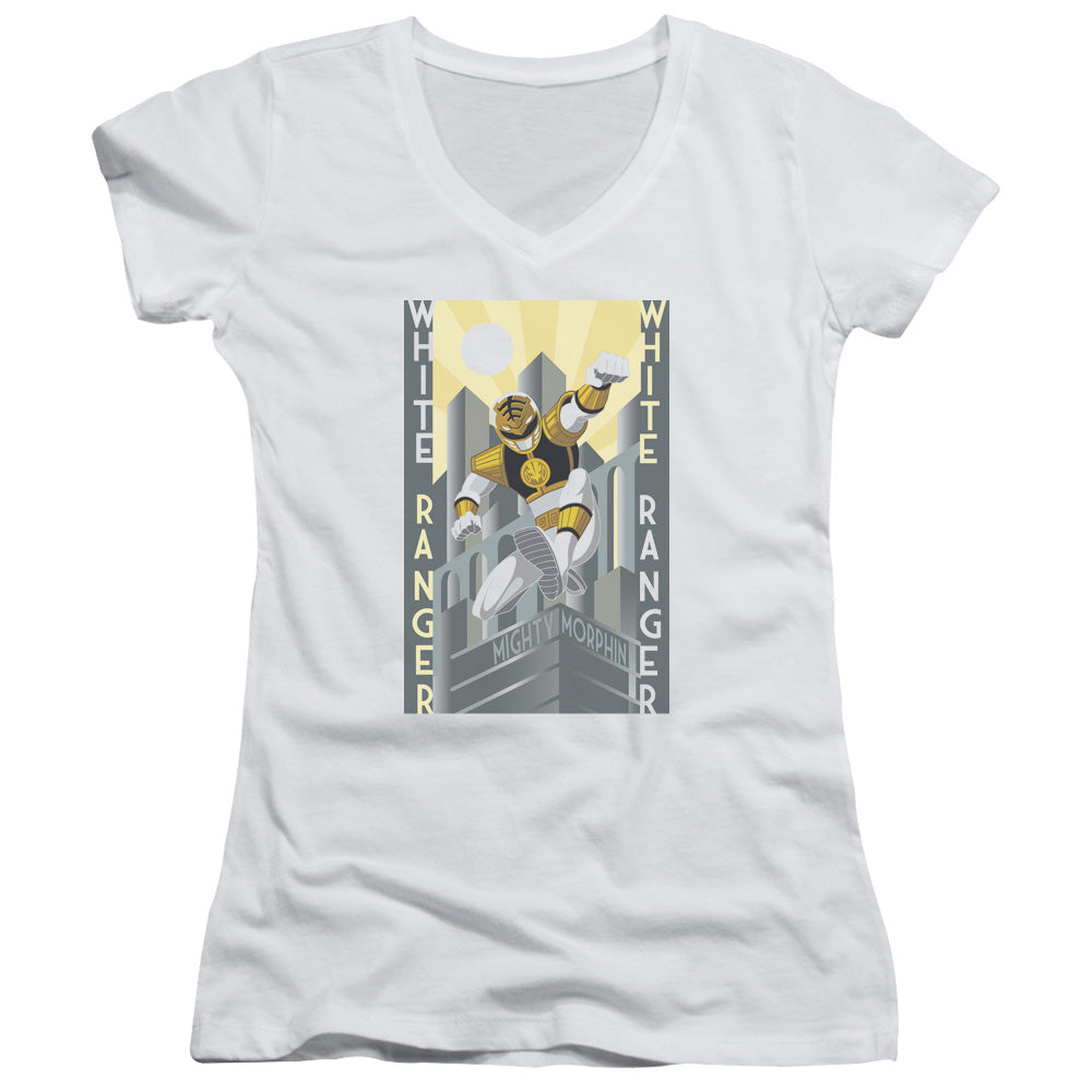 Power Rangers White Ranger Deco Junior Sheer Cap Sleeve V-Neck Womens T Shirt White