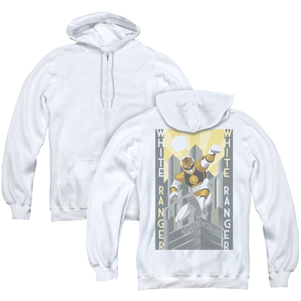 Power Rangers White Ranger Deco Back Print Zipper Mens Hoodie White