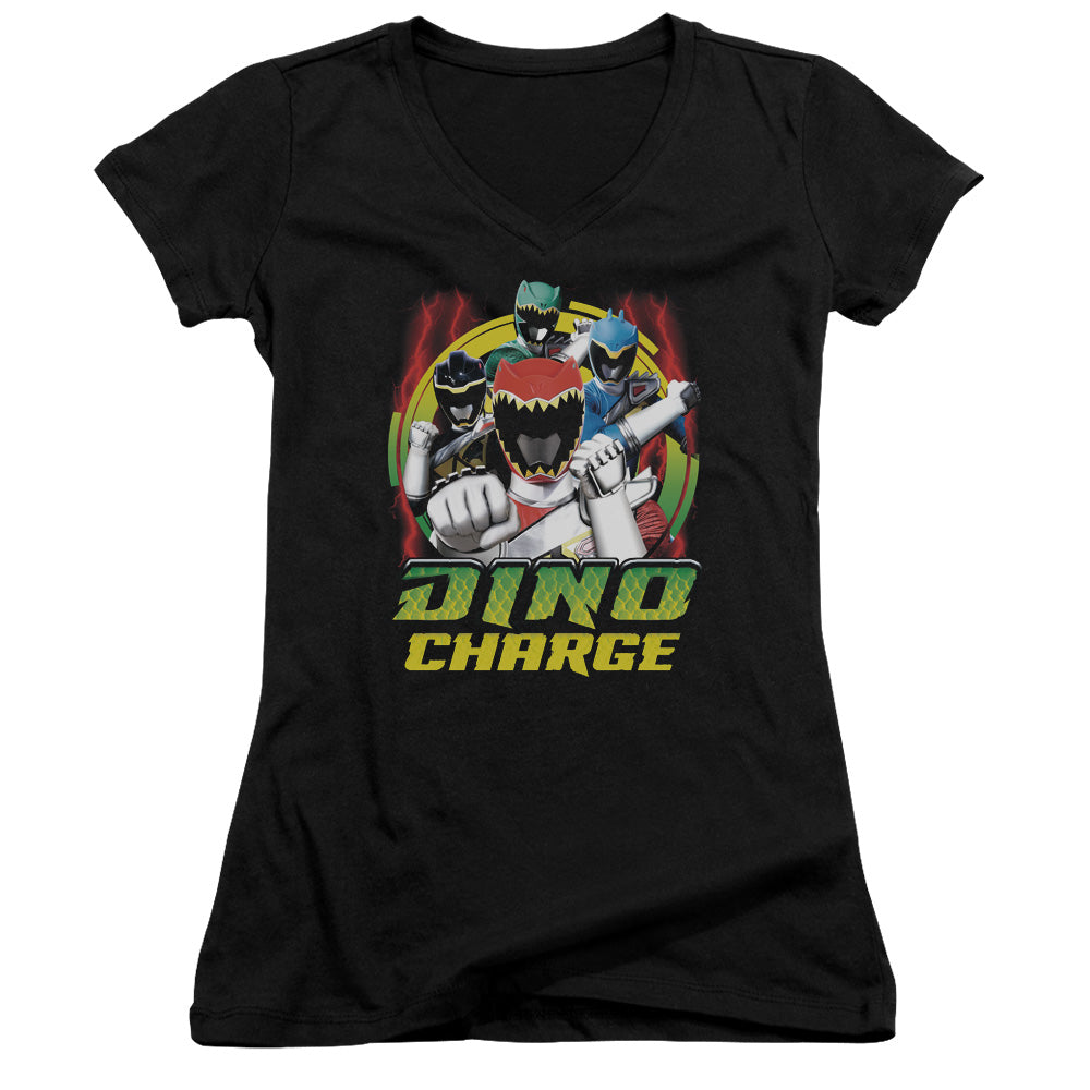 Power Rangers Dino Lightning Junior Sheer Cap Sleeve V-Neck Womens T Shirt Black