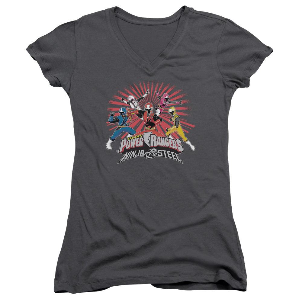 Power Rangers Ninja Blast Junior Sheer Cap Sleeve V-Neck Womens T Shirt Charcoal