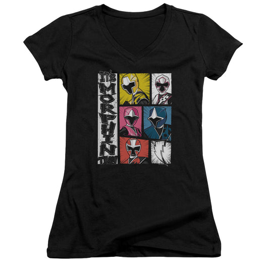 Power Rangers Its Morphin Time Junior Sheer Cap Sleeve V-Neck Womens T Shirt Black