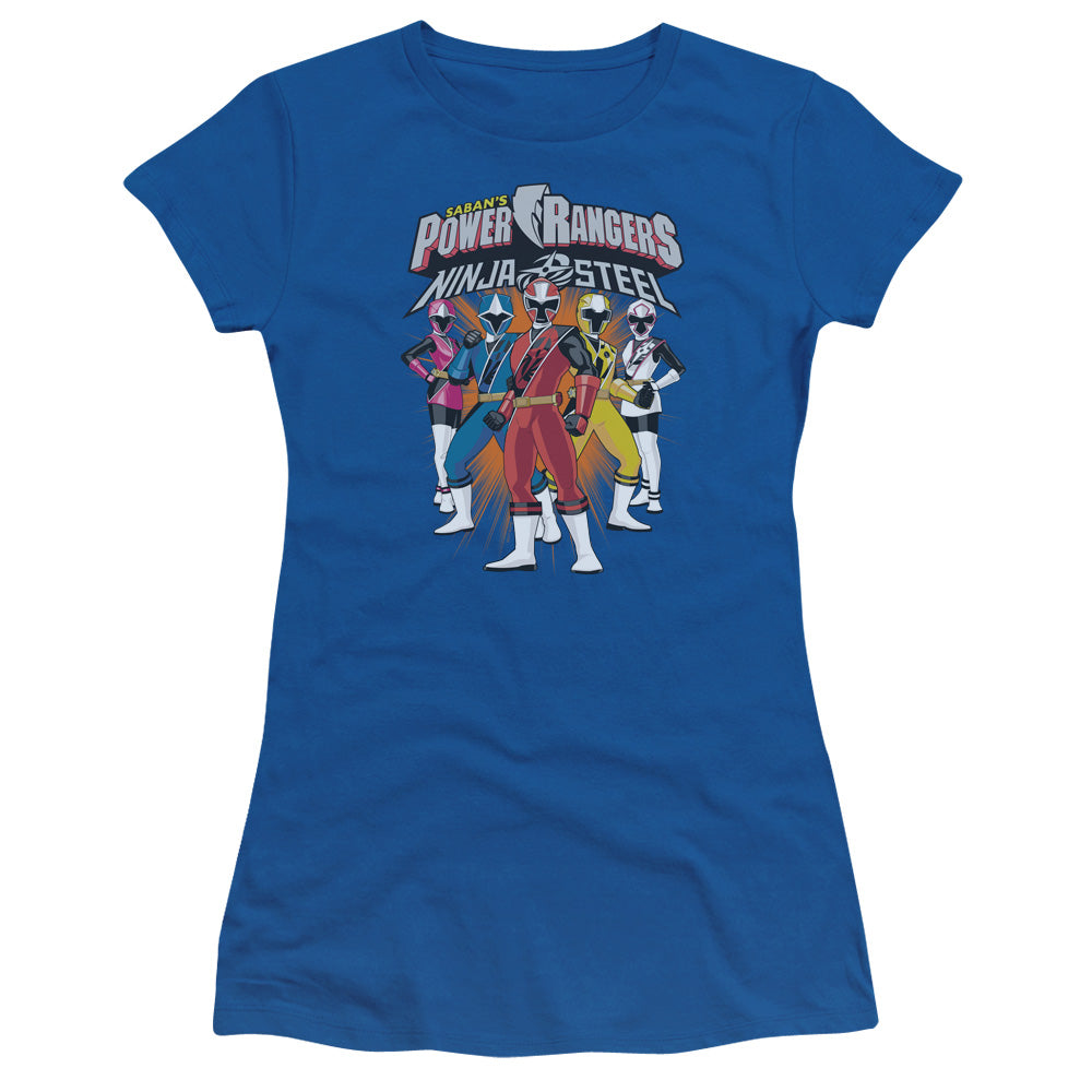 Power Rangers Team Lineup Junior Sheer Cap Sleeve Womens T Shirt Royal Blue