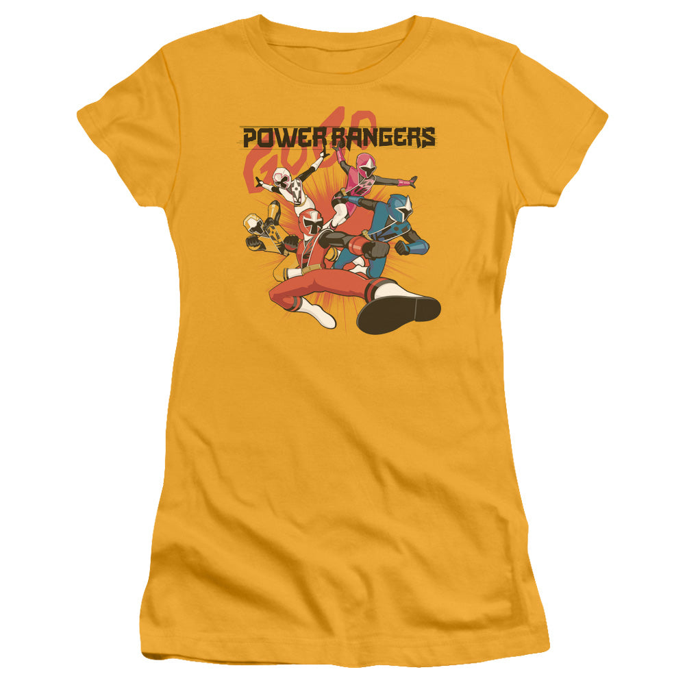 Power Rangers Attack Junior Sheer Cap Sleeve Womens T Shirt Gold