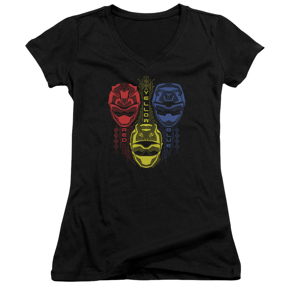 Power Rangers Red Yellow Blue Junior Sheer Cap Sleeve V-Neck Womens T Shirt Black