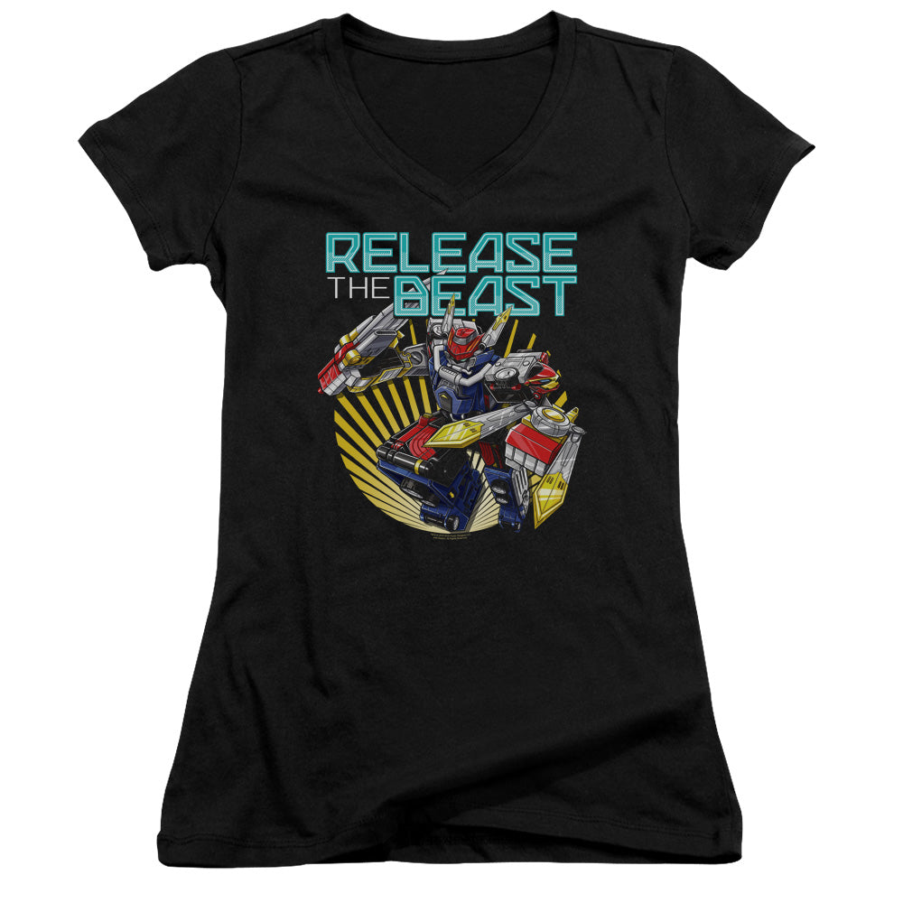 Power Rangers Beast Release Junior Sheer Cap Sleeve V-Neck Womens T Shirt Black