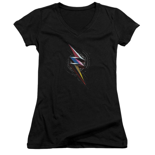 Power Rangers Bolt Sigil Junior Sheer Cap Sleeve V-Neck Womens T Shirt Black