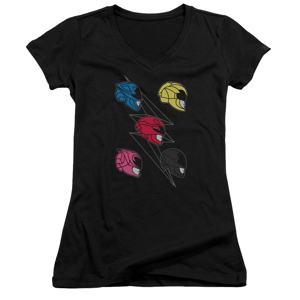 Power Rangers Line Helmets Junior Sheer Cap Sleeve V-Neck Womens T Shirt Black