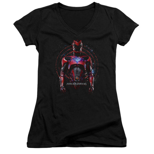 Power Rangers Red Ranger Junior Sheer Cap Sleeve V-Neck Womens T Shirt Black