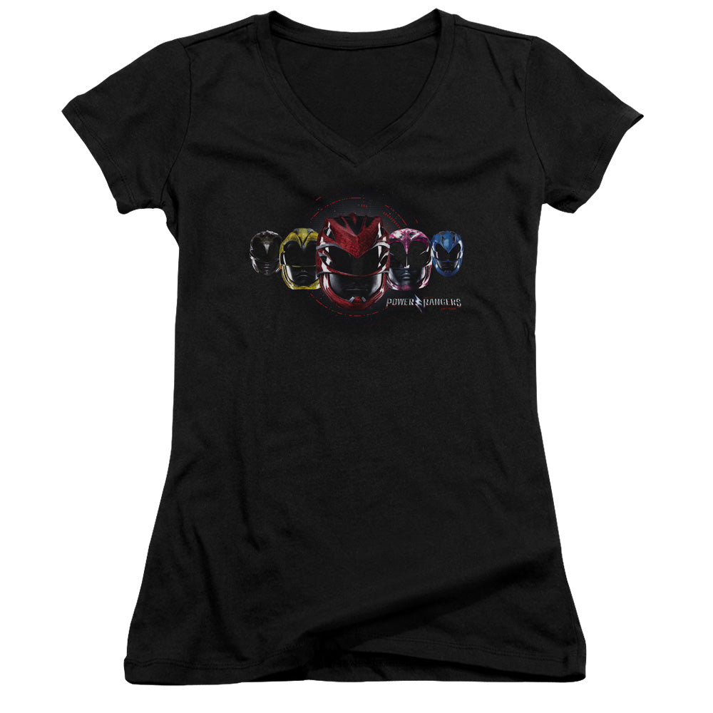 Power Rangers Head Group Junior Sheer Cap Sleeve V-Neck Womens T Shirt Black