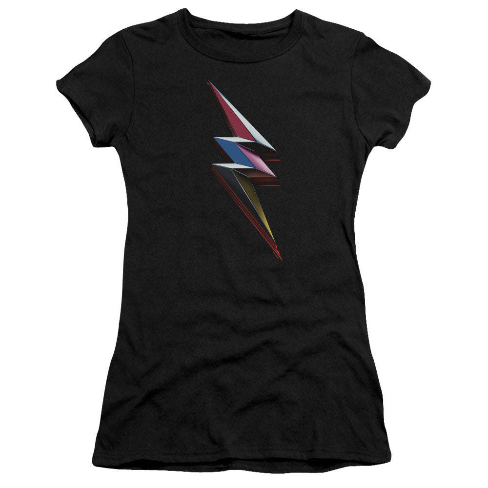 Power Rangers Movie Bolt Junior Sheer Cap Sleeve Womens T Shirt Black