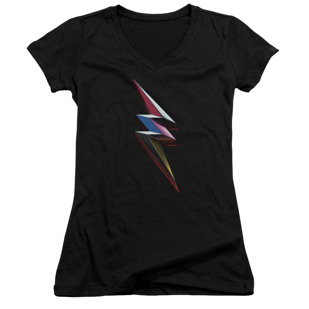 Power Rangers Movie Bolt Junior Sheer Cap Sleeve V-Neck Womens T Shirt Black