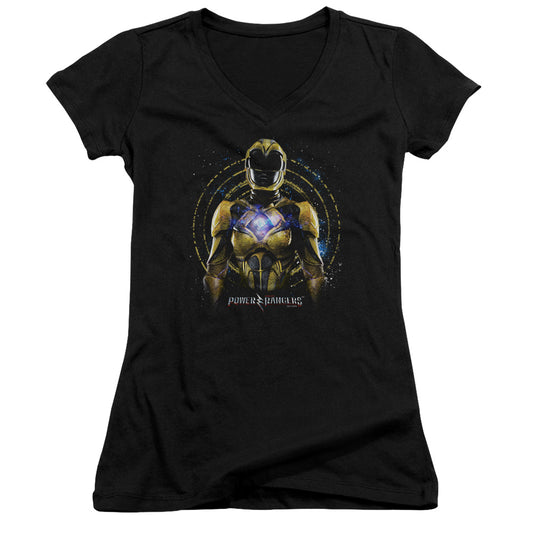 Power Rangers Yellow Ranger Junior Sheer Cap Sleeve V-Neck Womens T Shirt Black