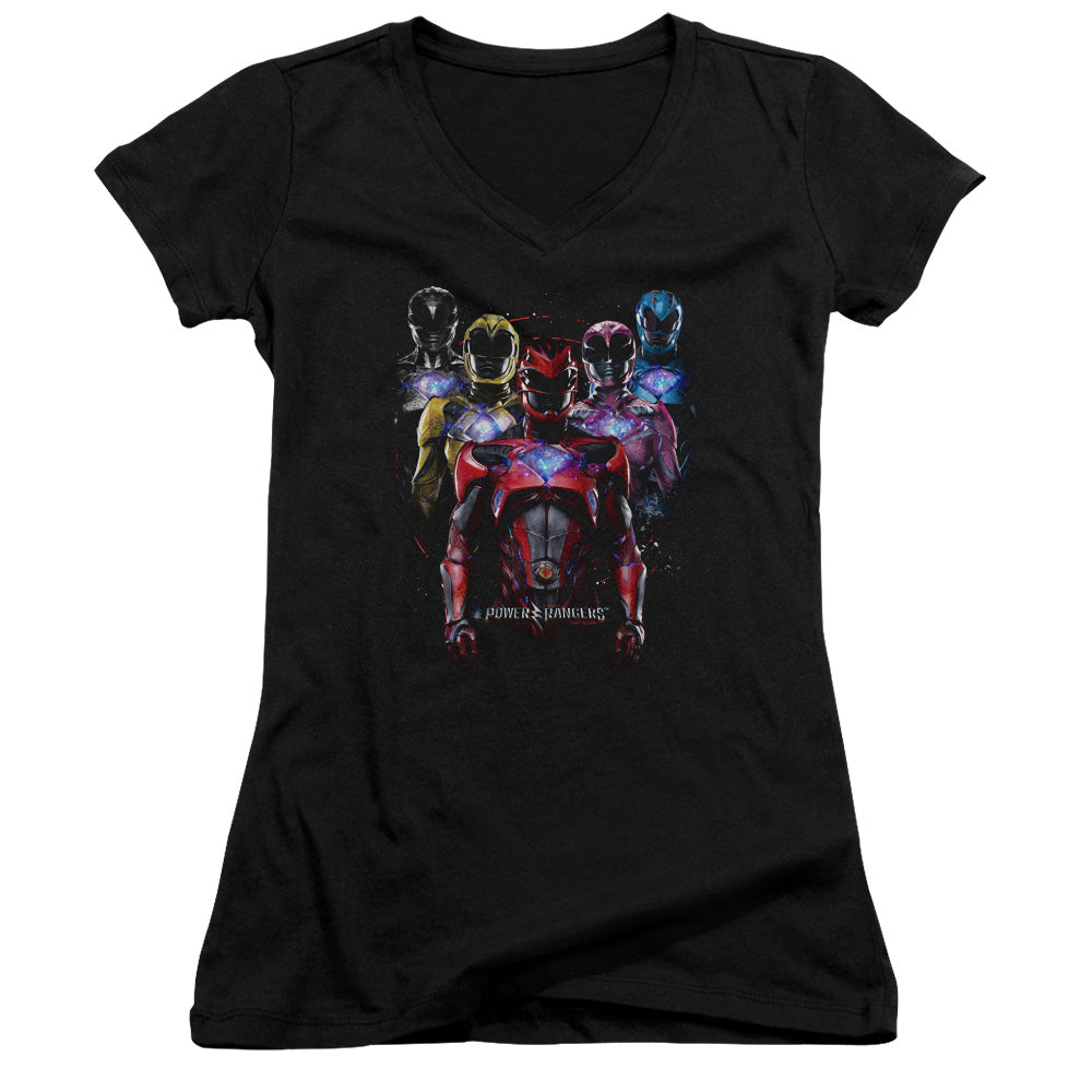 Power Rangers Team Of Rangers Junior Sheer Cap Sleeve V-Neck Womens T Shirt Black