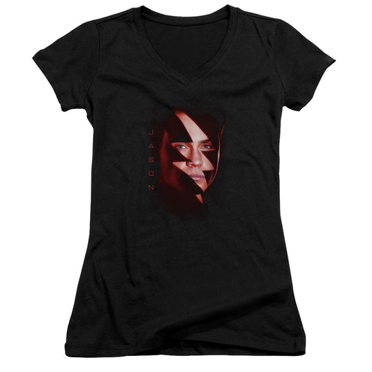 Power Rangers Jason Bolt Junior Sheer Cap Sleeve V-neck Womens T Shirt Black