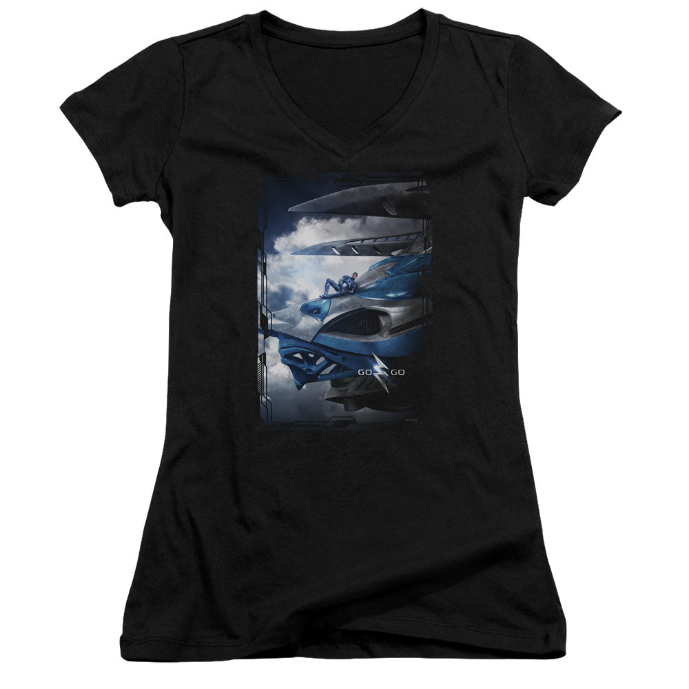 Power Rangers Blue Zord Poster Junior Sheer Cap Sleeve V-neck Womens T Shirt Black