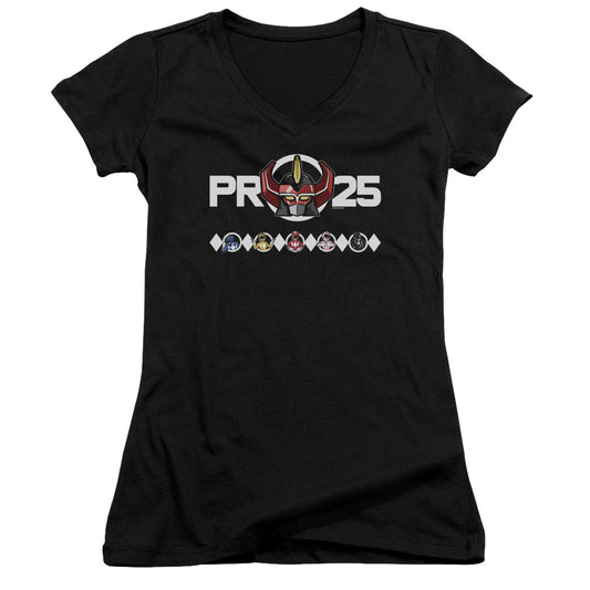 Power Rangers Megazord 25 Junior Sheer Cap Sleeve V-Neck Womens T Shirt Black