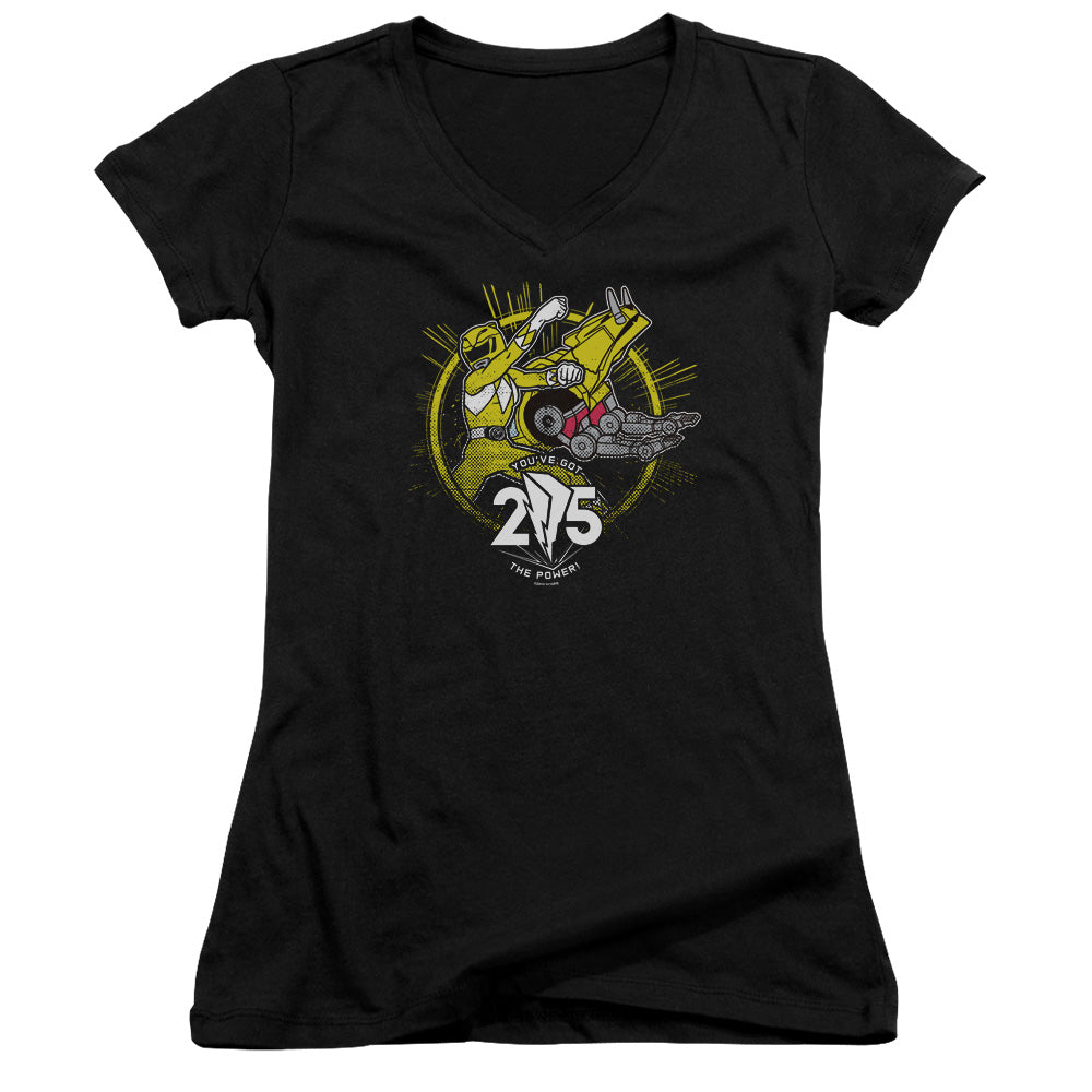 Power Rangers Yellow 25 Junior Sheer Cap Sleeve V-Neck Womens T Shirt Black