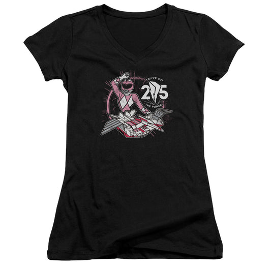 Power Rangers Pink 25 Junior Sheer Cap Sleeve V-Neck Womens T Shirt Black