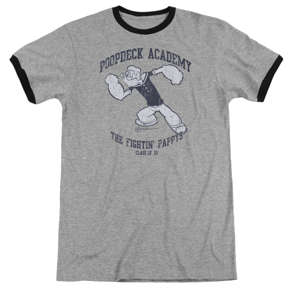 Popeye Poopdeck Academy Heather Ringer Mens T Shirt Heather Black