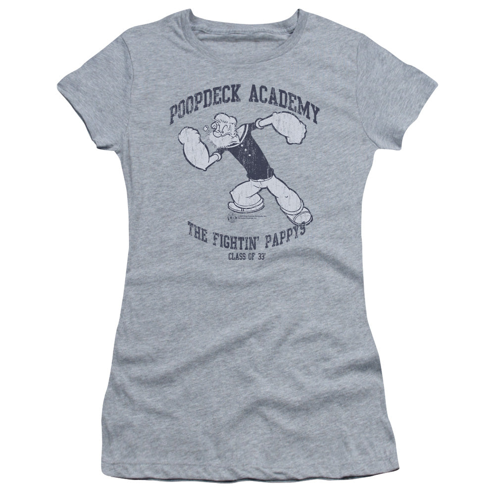 Popeye Poopdeck Academy Junior Sheer Cap Sleeve Womens T Shirt Athletic Heather