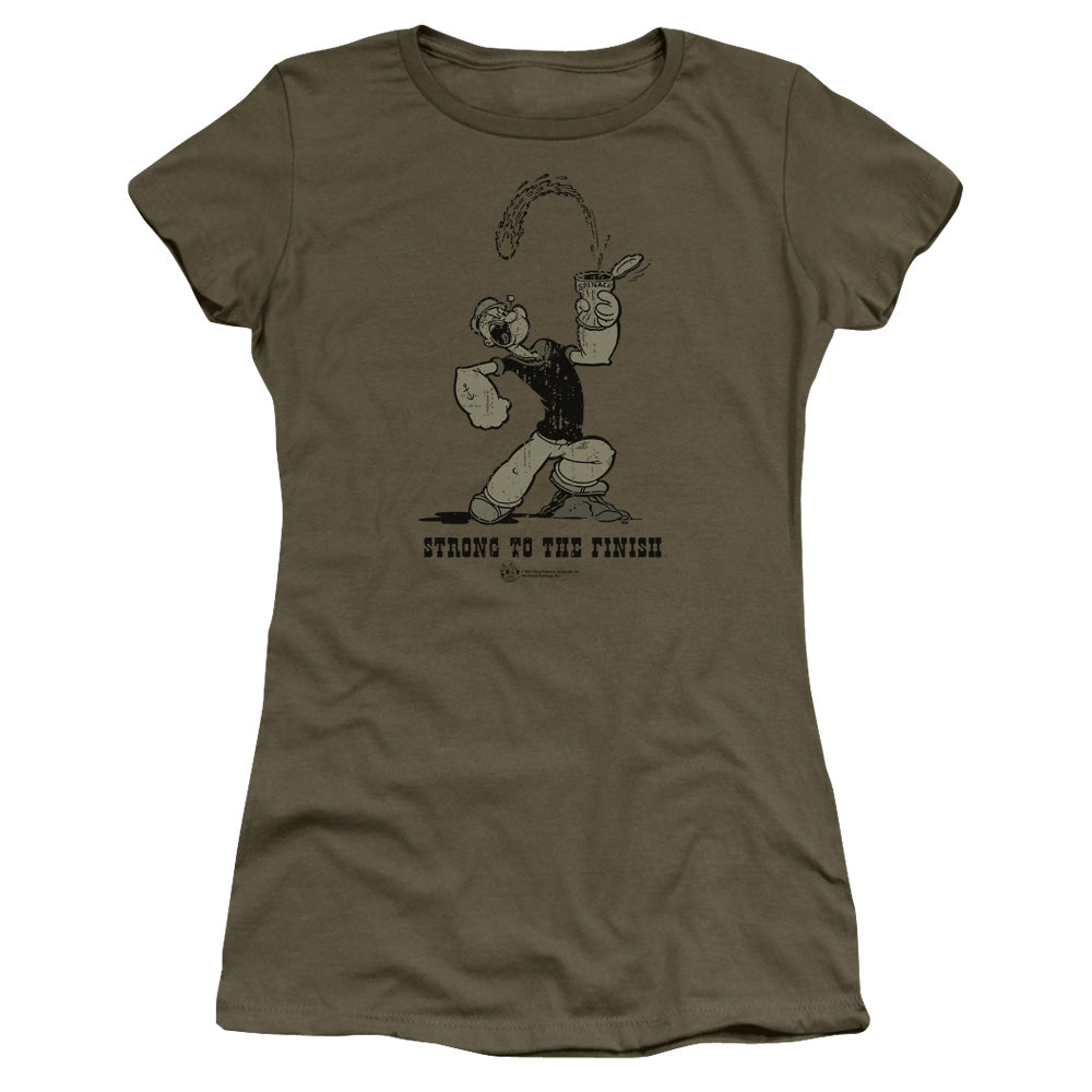 Popeye Strong To The Finish Junior Sheer Cap Sleeve Womens T Shirt Military Green