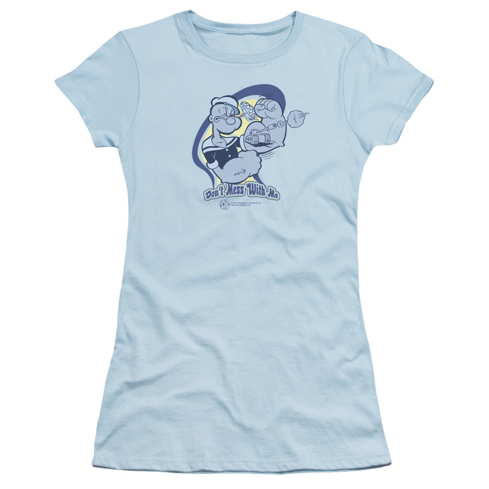 Popeye Dont Mess With Me Junior Sheer Cap Sleeve Womens T Shirt Light Blue