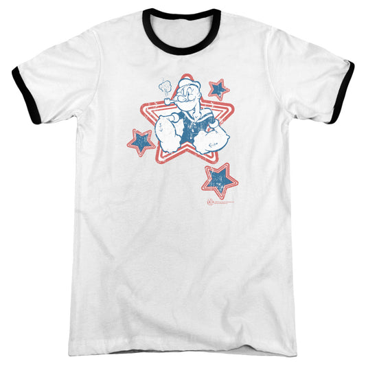 Popeye Stars Heather Ringer Mens T Shirt White Black