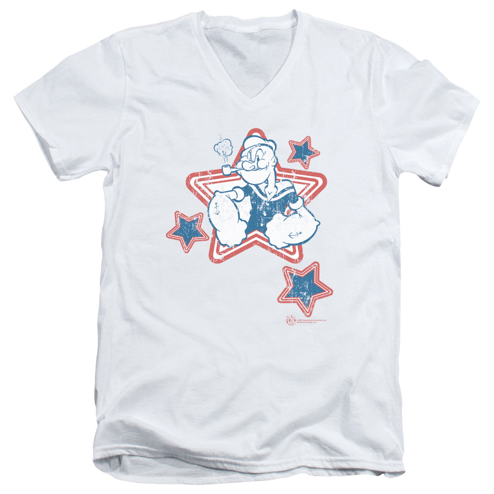 Popeye Stars S S Adult V Neck White