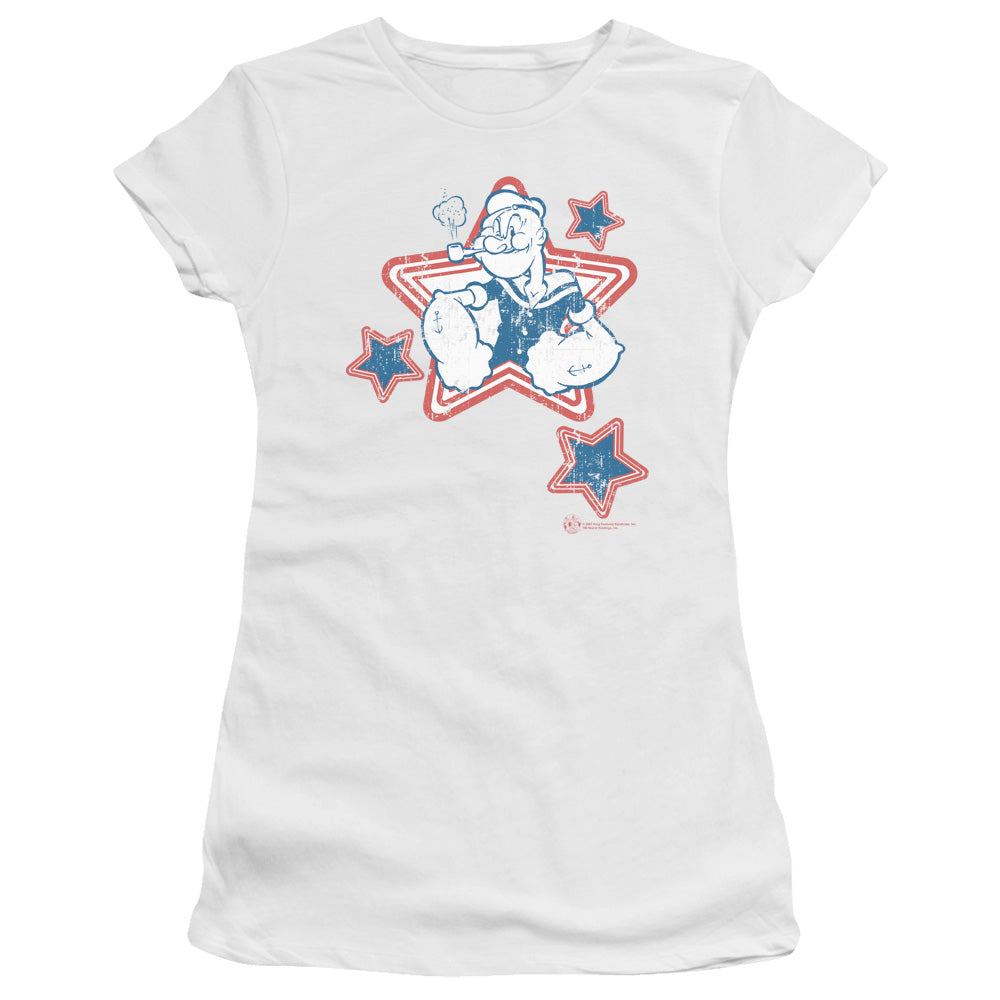 Popeye Stars Junior Sheer Cap Sleeve Womens T Shirt White