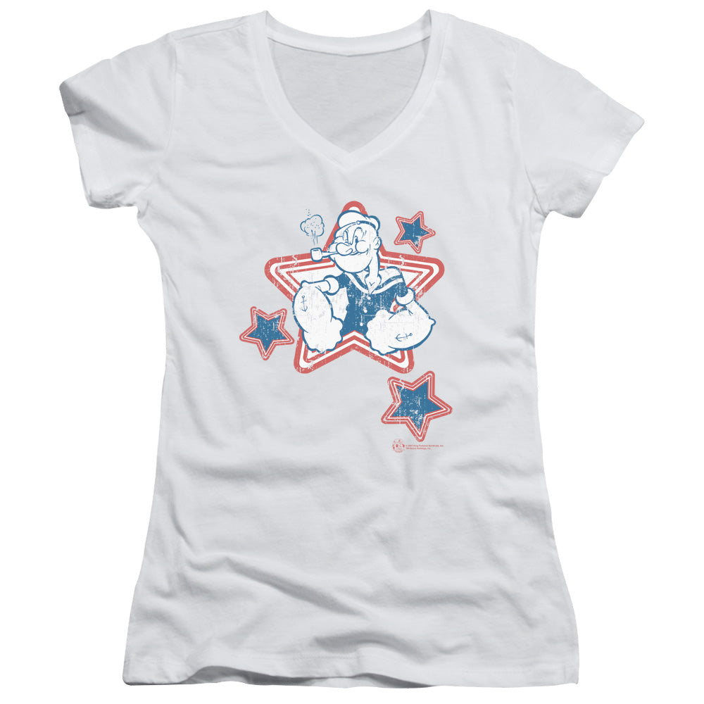 Popeye Stars Junior Sheer Cap Sleeve V Neck Womens T Shirt White