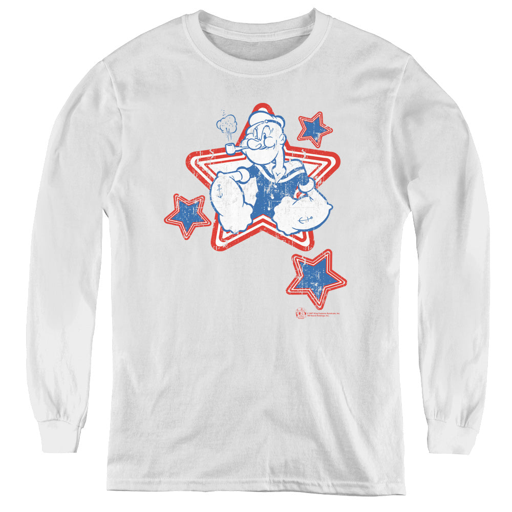 Popeye Stars Long Sleeve Kids Youth T Shirt White